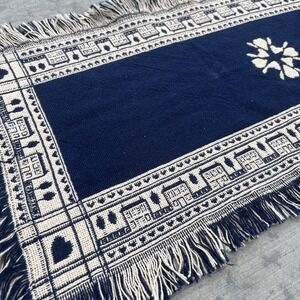 Vintage Woven Navy Blue Cream Folk Art House Heart Fringe Table Runner 50x16